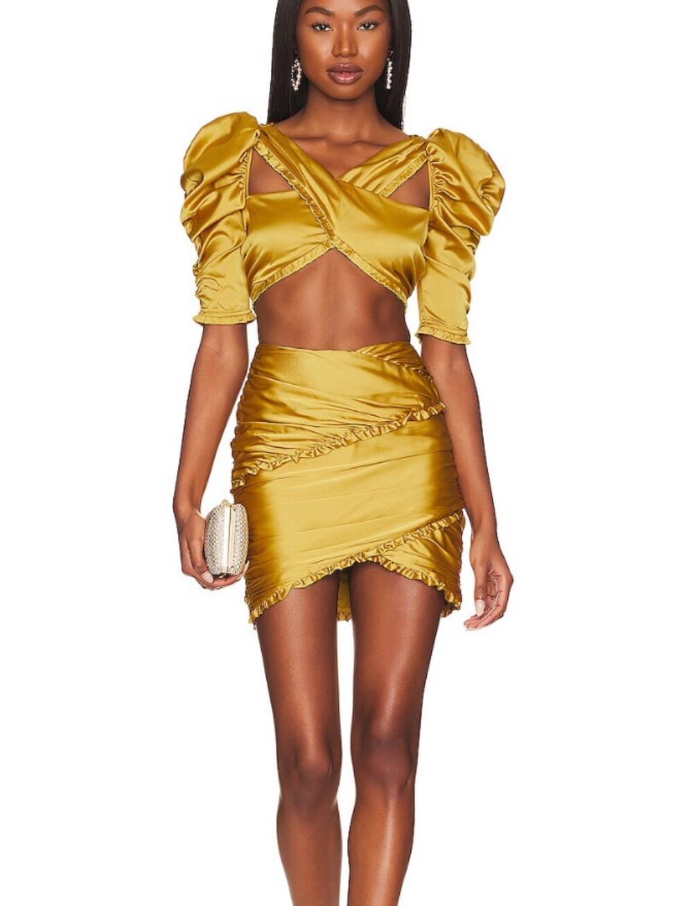 $162 For Love & Lemons Gold Alia Mini Skirt XXS NWT